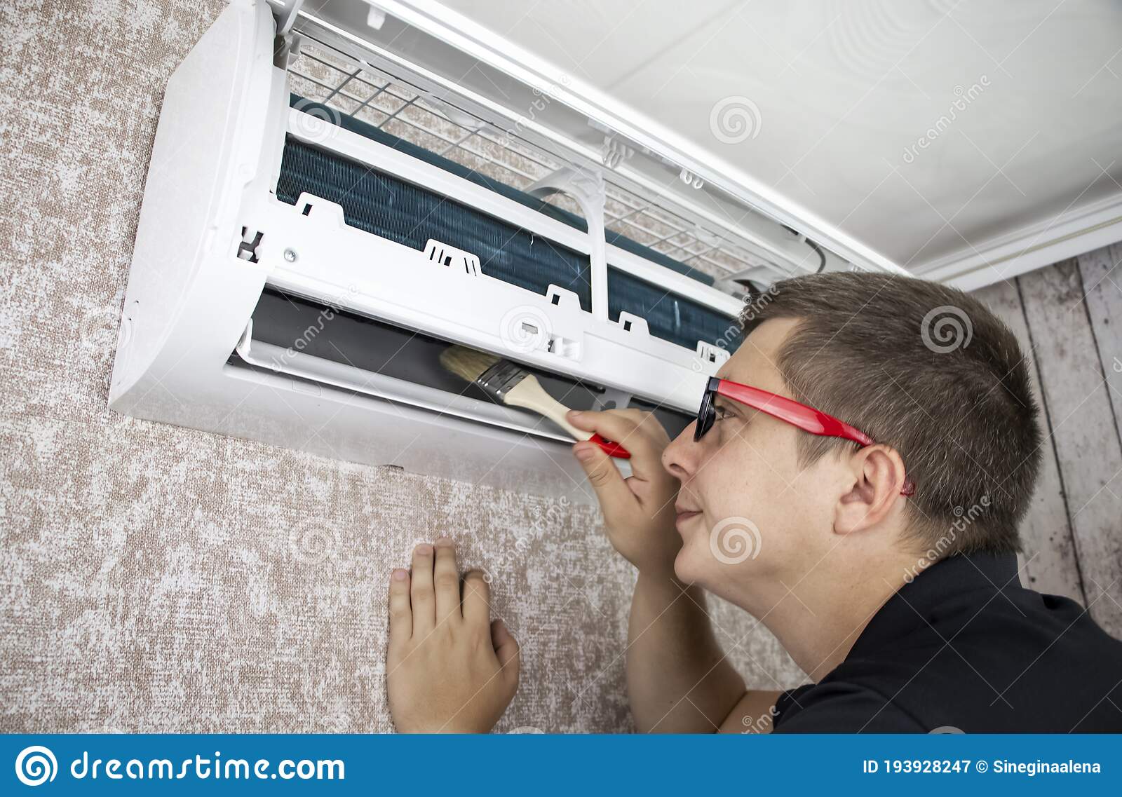 Cleaning The Air Conditioner From Dust, Mold And Dirt. An Air ...